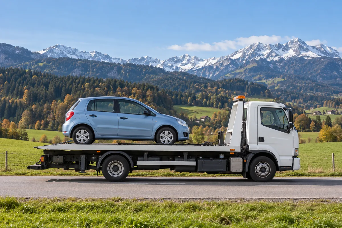 Dépanneuse à plateau transportant une petite citadine sur une route de montagne