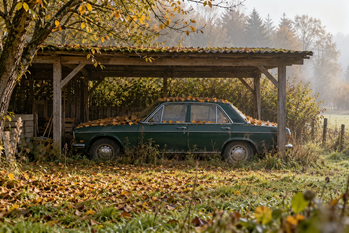 Berline ancienne vert sapin sous un abri en bois au fond d’un jardin