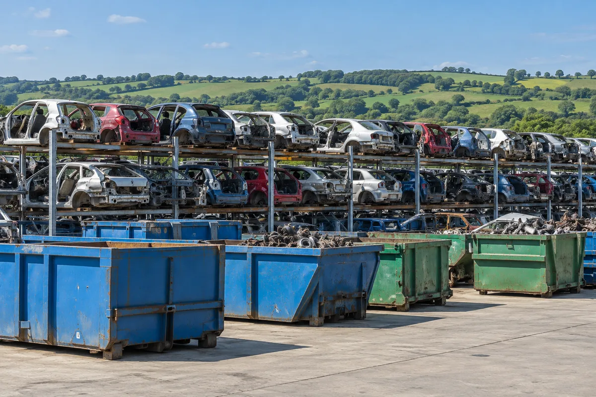 Cour d’un centre de recyclage automobile, carrosseries alignées et bennes de tri