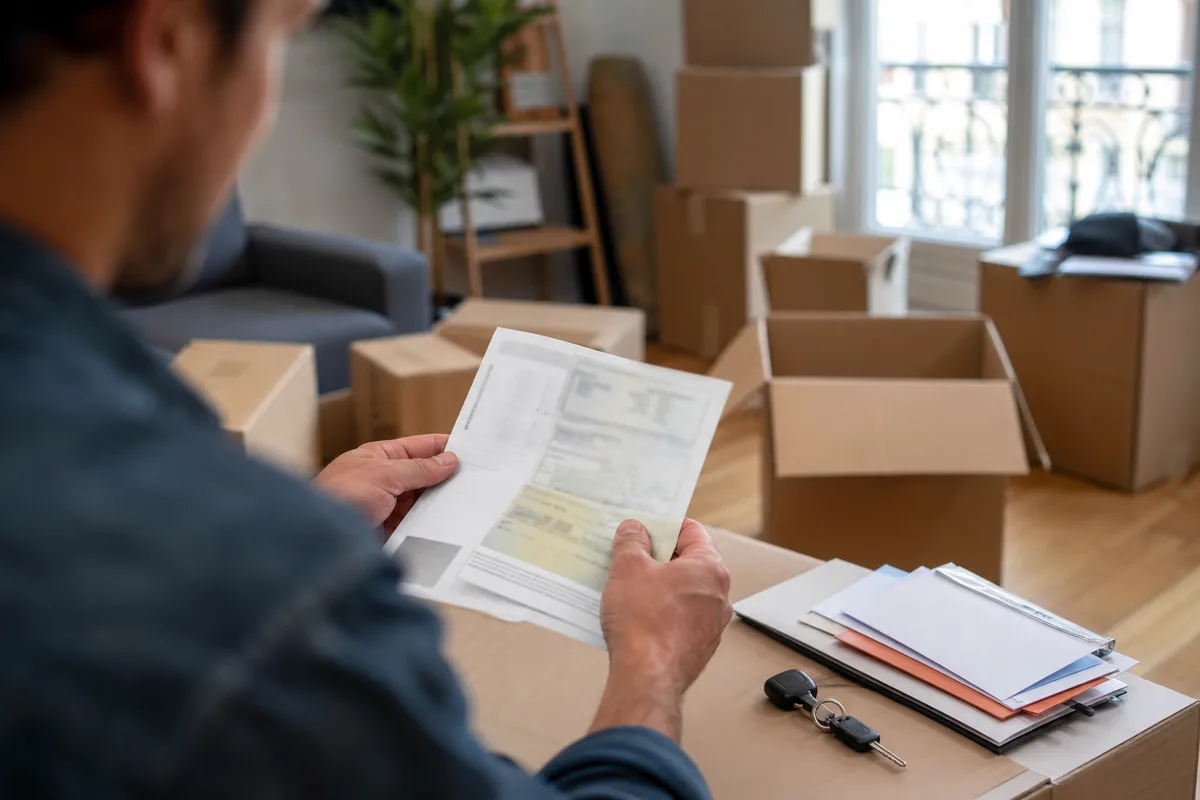 Automobiliste vérifiant l’adresse sur sa carte grise au milieu de cartons de déménagement
