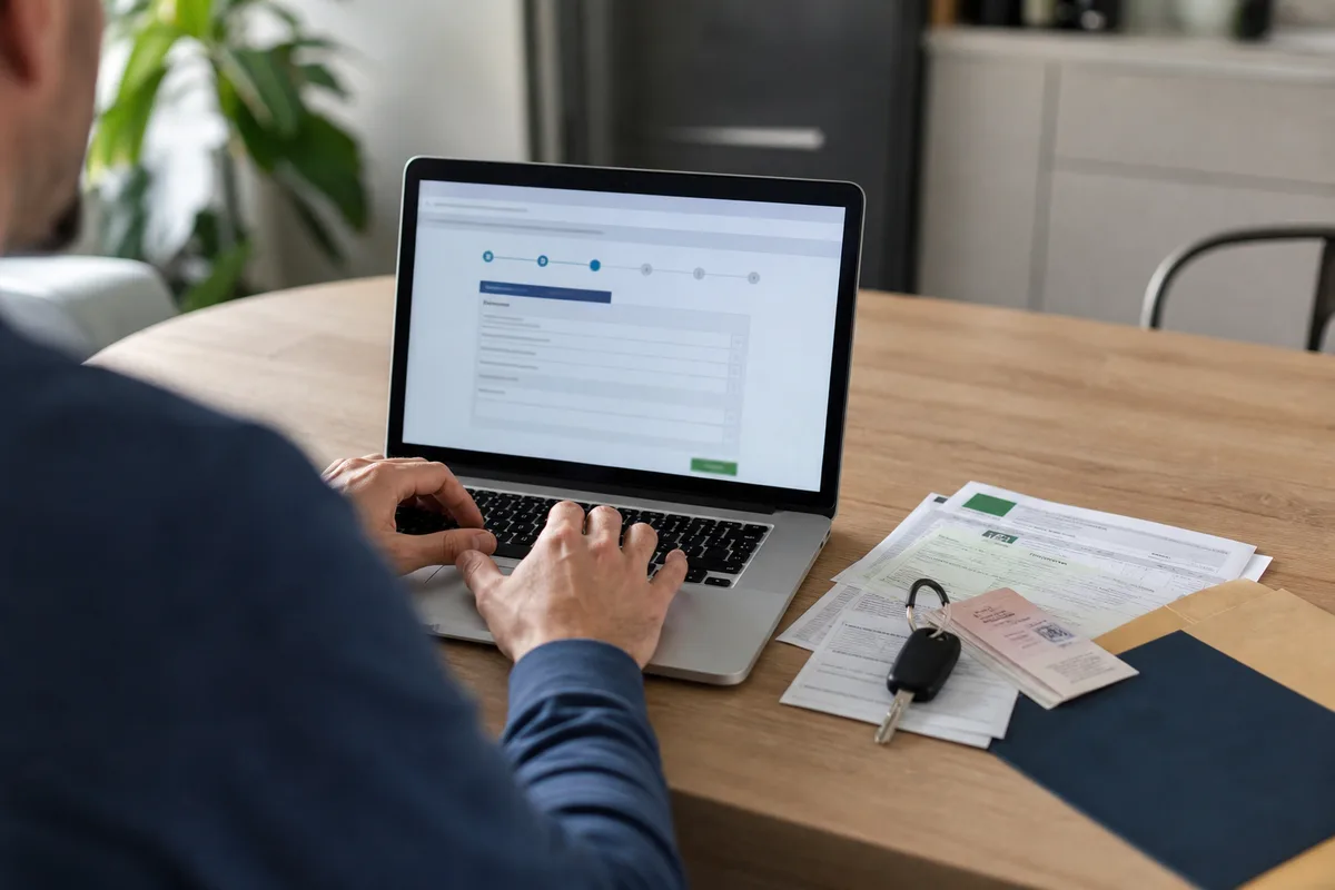 Automobiliste finalisant sa démarche d’immatriculation en ligne sur un ordinateur portable