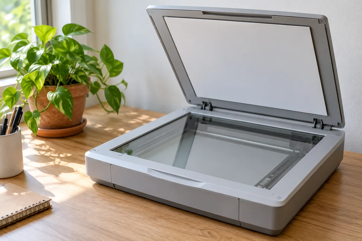 Scanner à plat ouvert sur un bureau en bois clair, à côté d’une plante verte